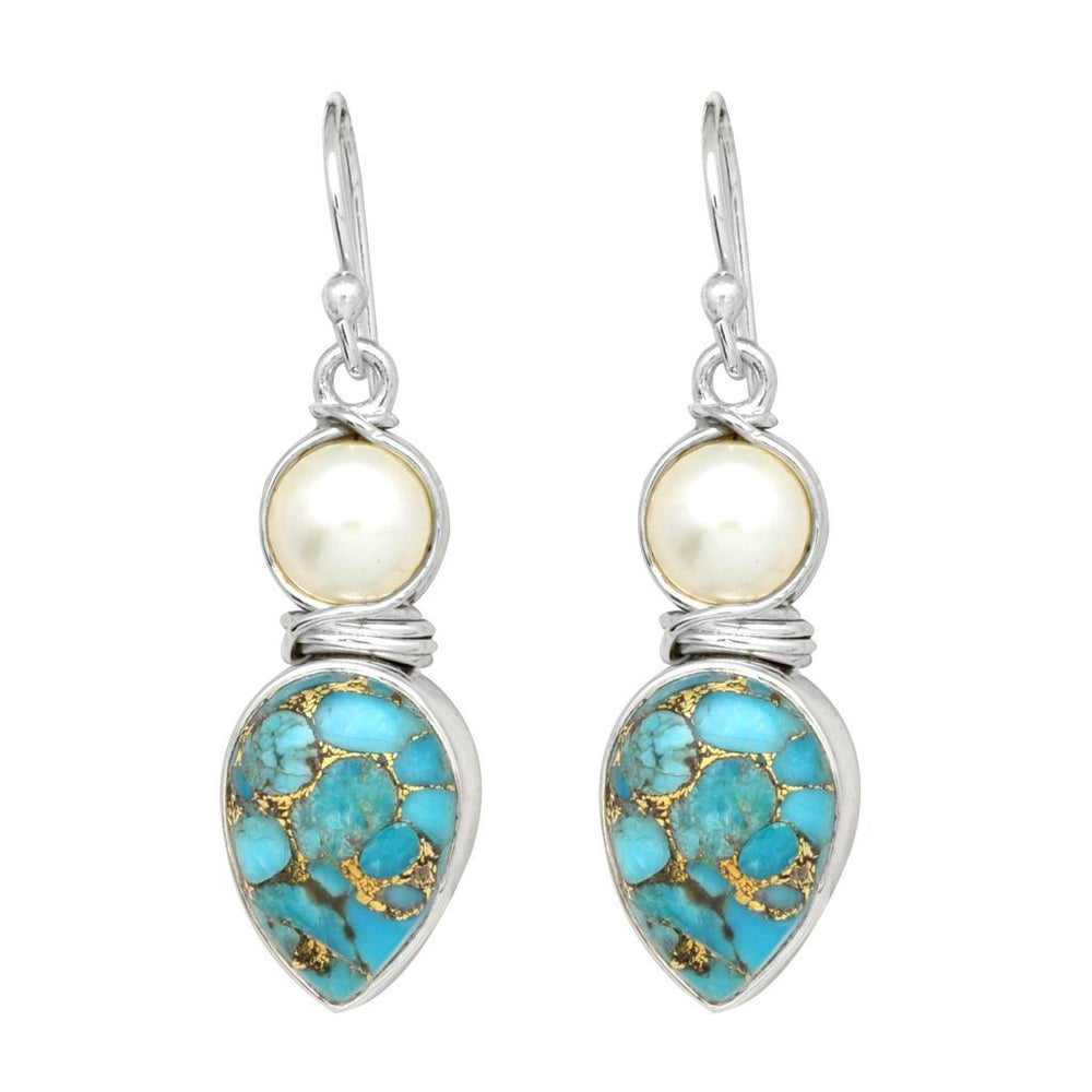 2 Stone Turquoise Pearl Earrings