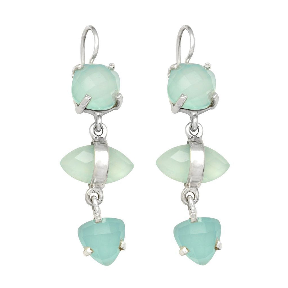 3 Stone Aqua Chalcedony Earrings