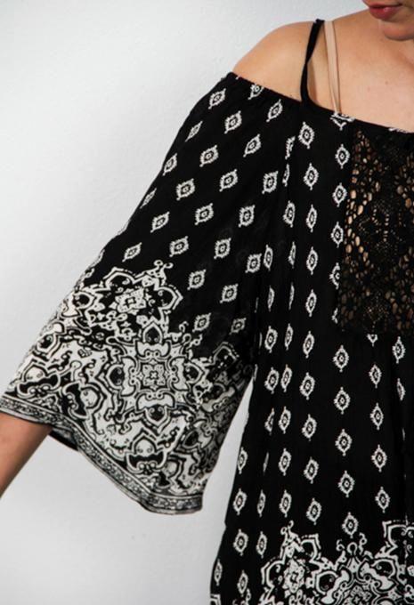 3/4 Sleeve Printed Black Top
