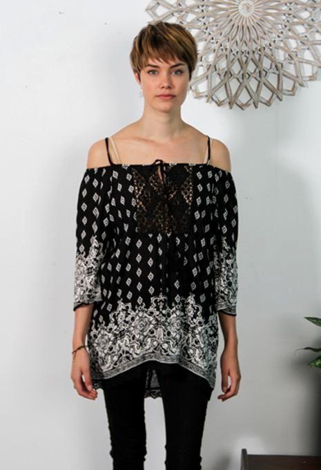 3/4 Sleeve Printed Black Top